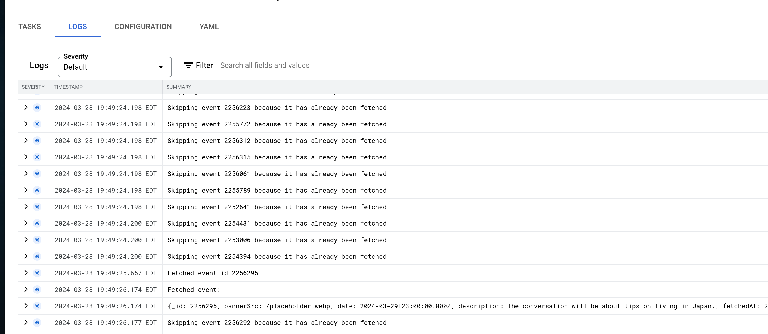 Cloud run logs fetching events
