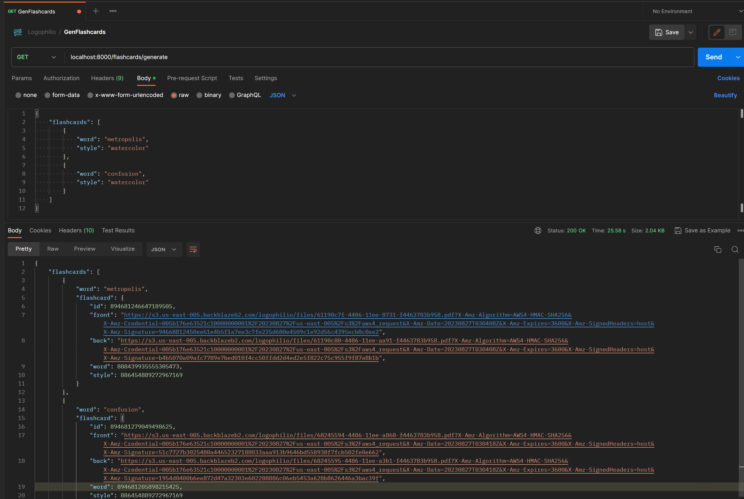 Example API request