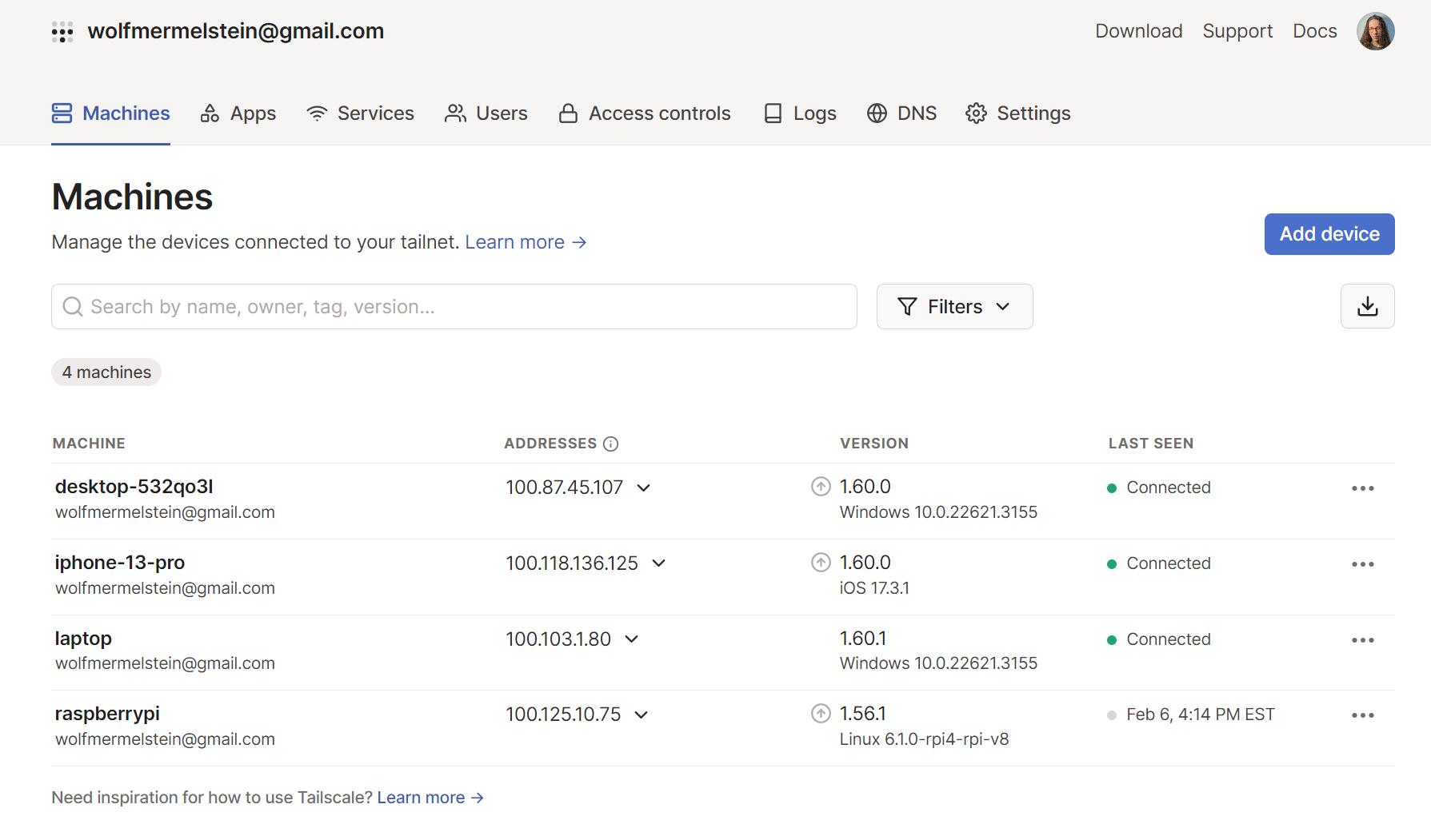 Tailscale dashboard